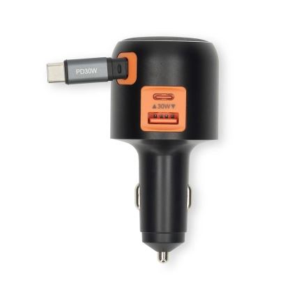 Auto punjač s uvlačivim kabelom i Power Delivery 30 W — 2× USB-C + 1× USB-A