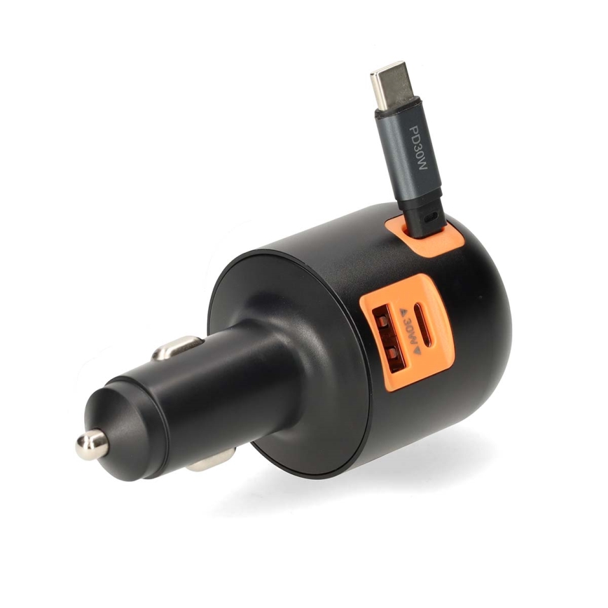 Auto punjač s uvlačivim kabelom i Power Delivery 30 W — 2× USB-C + 1× USB-A