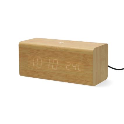 Digitalna budilica s LED zaslonom i ugrađenim termometrom, napajanje 5V/1xCR2032, drvo