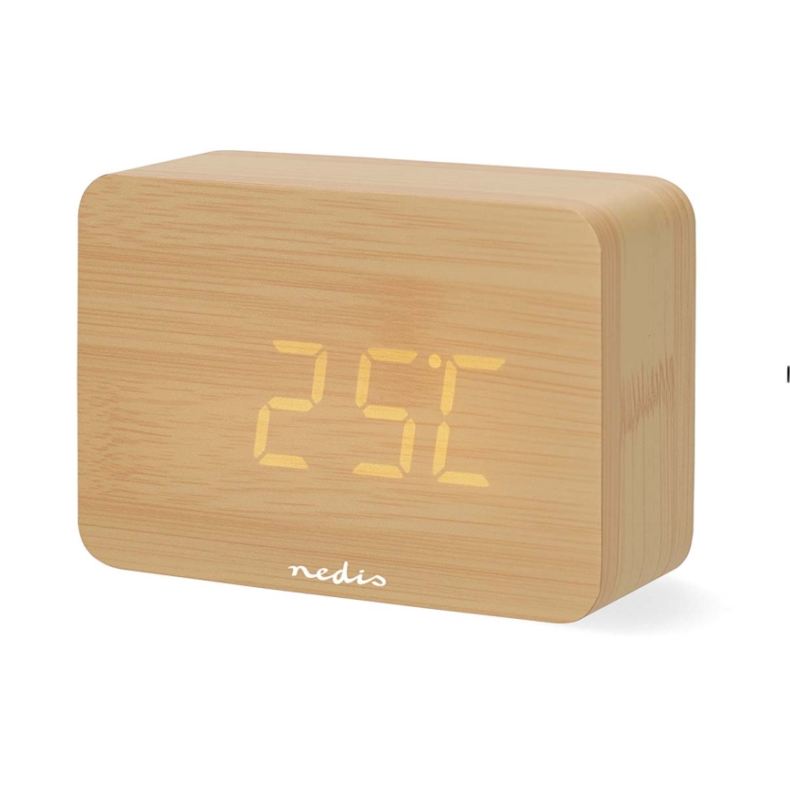 Digitalna drvena budilica s LED zaslonom i termometrom, 5V/3xAAA