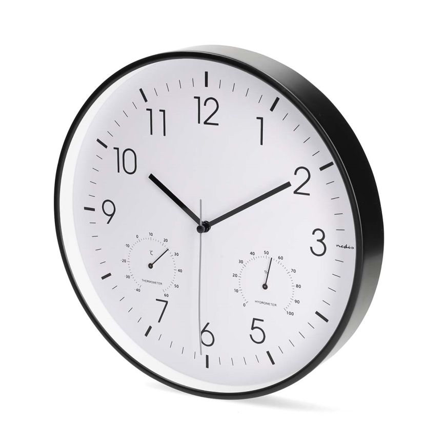 Zidni sat s termometrom i higrometrom, promjer 30,5 cm, 1x AA, crni