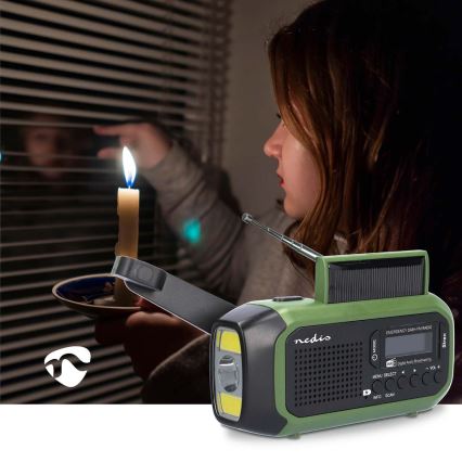 Prijenosno DAB+/FM radio s ručicom za navijanje, solarnim panelom i LED svjetiljkom, 5V/2500 mAh, zelena/crna