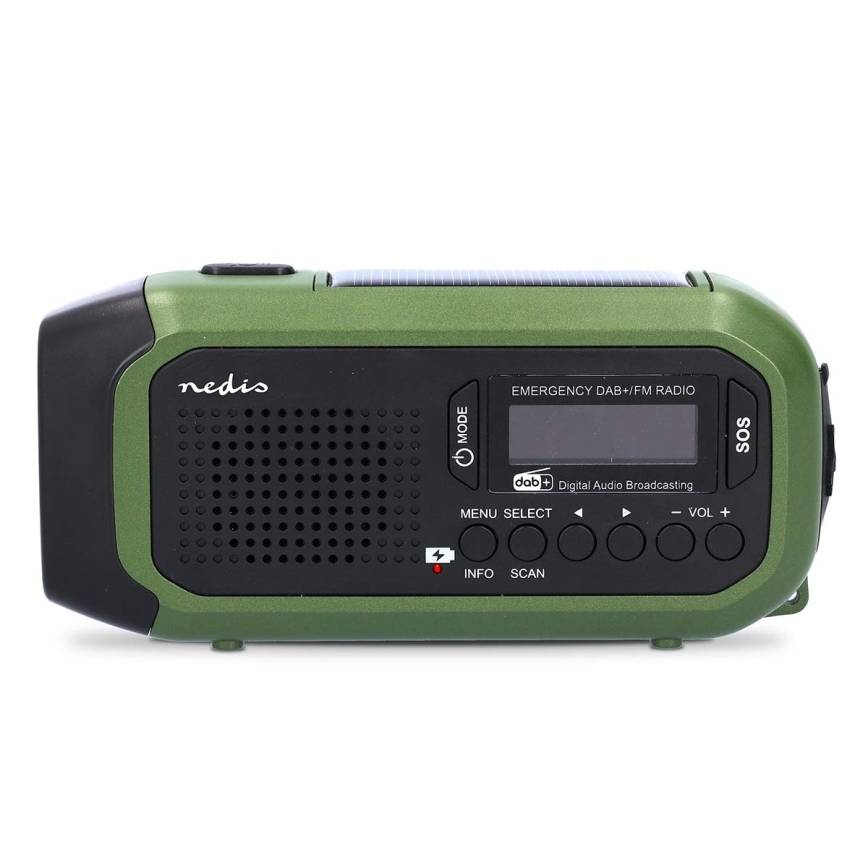 Prijenosno DAB+/FM radio s ručicom za navijanje, solarnim panelom i LED svjetiljkom, 5V/2500 mAh, zelena/crna