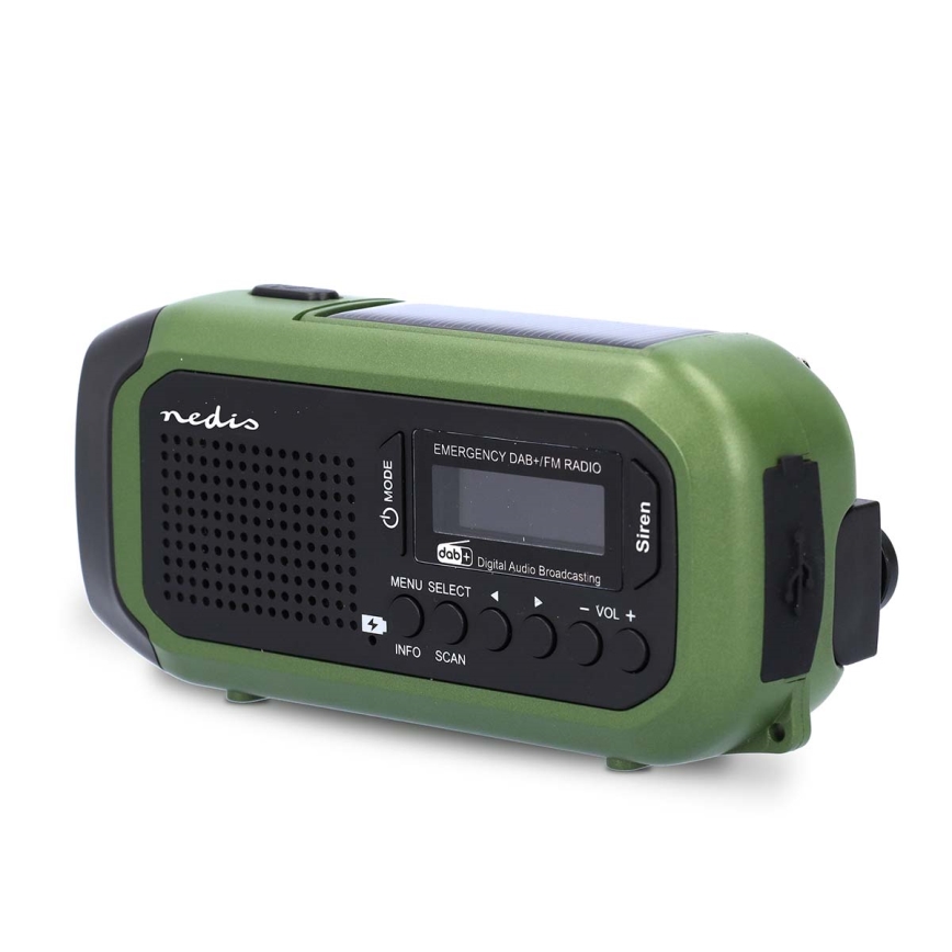 Prijenosno DAB+/FM radio s ručicom za navijanje, solarnim panelom i LED svjetiljkom, 5V/2500 mAh, zelena/crna