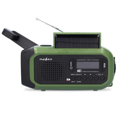 Prijenosno DAB+/FM radio s ručicom za navijanje, solarnim panelom i LED svjetiljkom, 5V/2500 mAh, zelena/crna