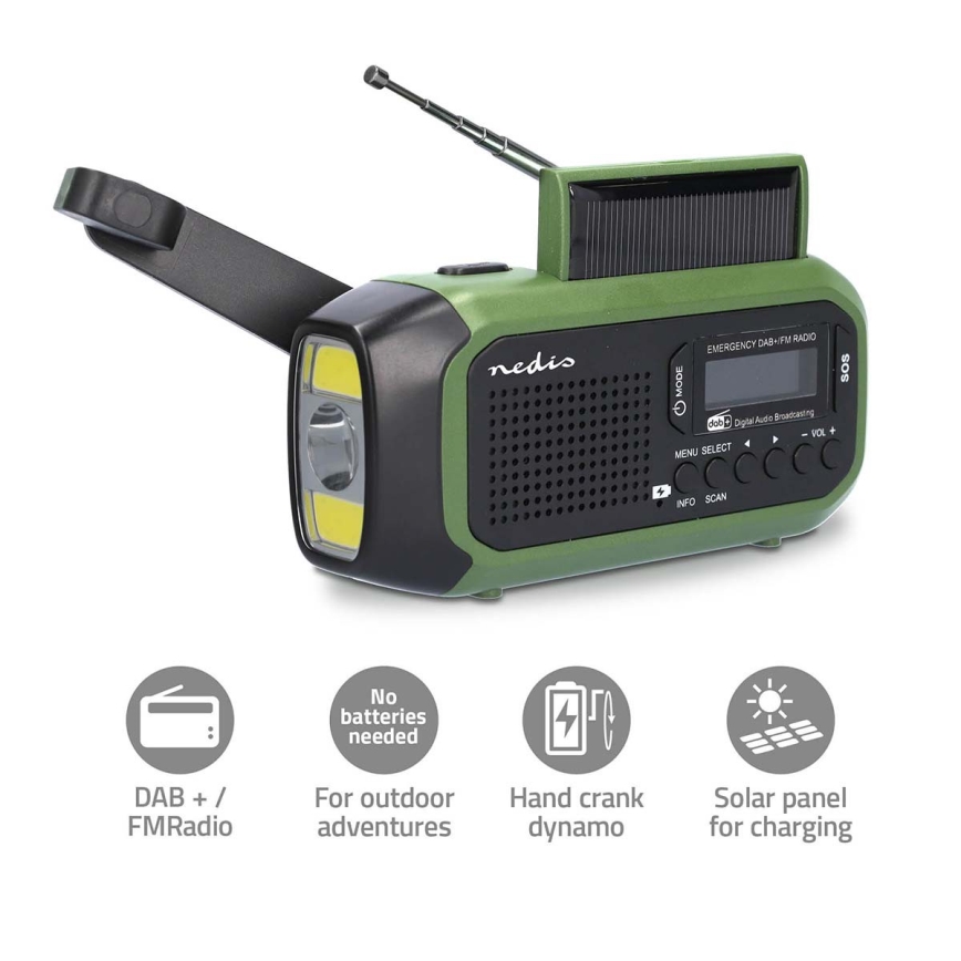 Prijenosno DAB+/FM radio s ručicom za navijanje, solarnim panelom i LED svjetiljkom, 5V/2500 mAh, zelena/crna