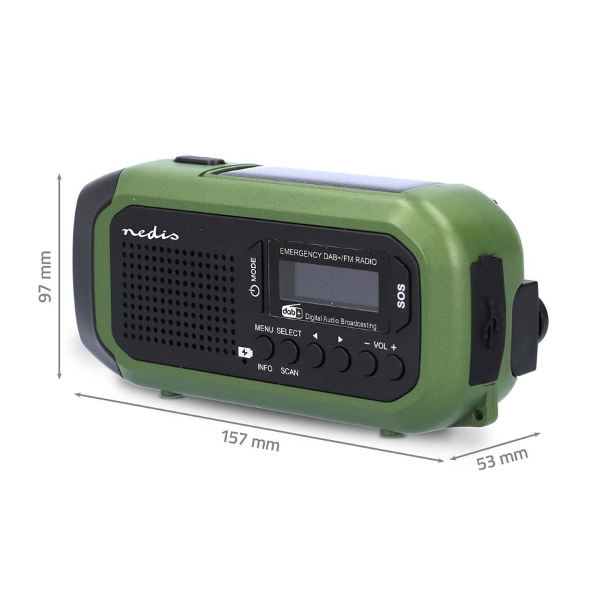 Prijenosno DAB+/FM radio s ručicom za navijanje, solarnim panelom i LED svjetiljkom, 5V/2500 mAh, zelena/crna