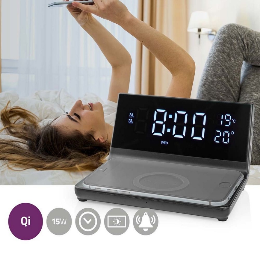 Budilica s LCD zaslonom i bežičnim punjačem 15W/230V + 1xCR2032 crna