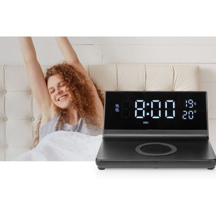 Budilica s LCD zaslonom i bežičnim punjačem 15W/230V + 1xCR2032 crna