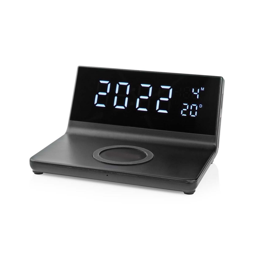 Budilica s LCD zaslonom i bežičnim punjačem 15W/230V + 1xCR2032 crna