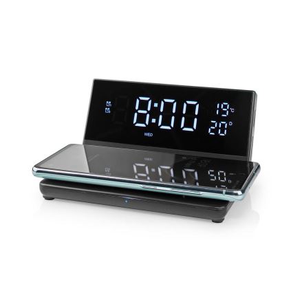 Budilica s LCD zaslonom i bežičnim punjačem 15W/230V + 1xCR2032 crna