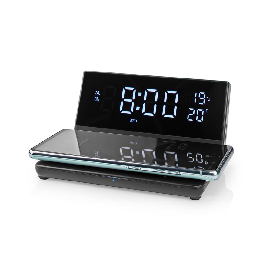 Budilica s LCD zaslonom i bežičnim punjačem 15W/230V + 1xCR2032 crna