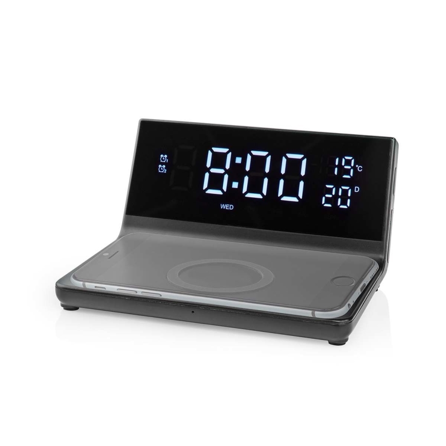 Budilica s LCD zaslonom i bežičnim punjačem 15W/230V + 1xCR2032 crna