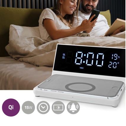 Budilica s LCD zaslonom i bežičnim punjačem 15W/230V + 1xCR2032 bijela