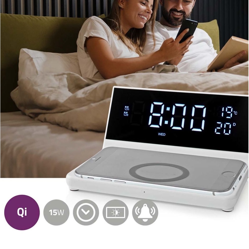 Budilica s LCD zaslonom i bežičnim punjačem 15W/230V + 1xCR2032 bijela