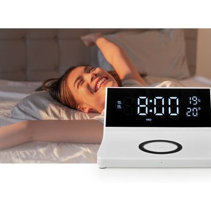 Budilica s LCD zaslonom i bežičnim punjačem 15W/230V + 1xCR2032 bijela