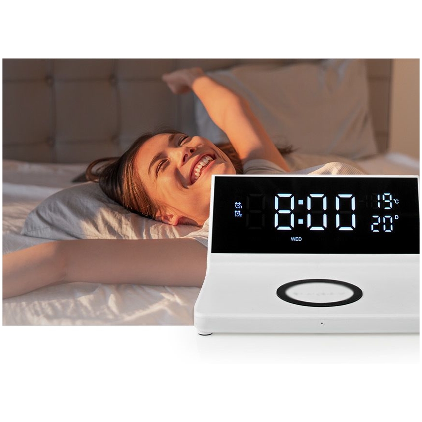 Budilica s LCD zaslonom i bežičnim punjačem 15W/230V + 1xCR2032 bijela