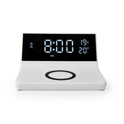 Budilica s LCD zaslonom i bežičnim punjačem 15W/230V + 1xCR2032 bijela