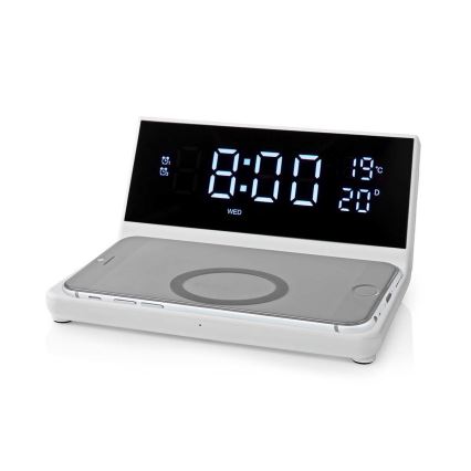 Budilica s LCD zaslonom i bežičnim punjačem 15W/230V + 1xCR2032 bijela