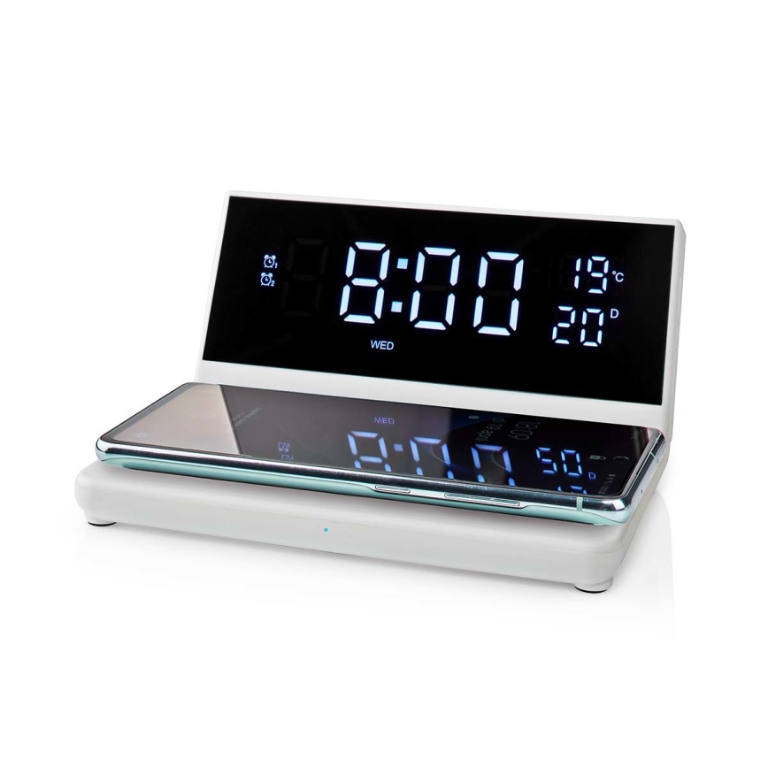 Budilica s LCD zaslonom i bežičnim punjačem 15W/5V + 1xCR2032 bijela