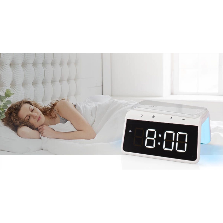 Budilica s LCD zaslonom i bežičnim punjačem 15W/5V 1xCR2032 bijela