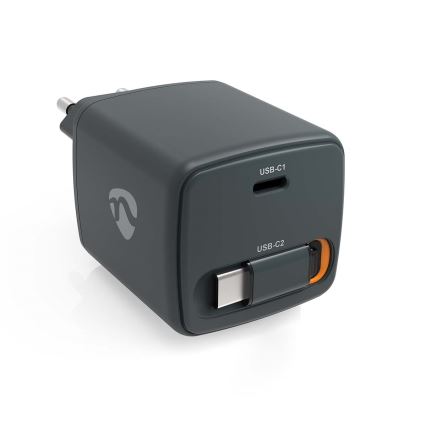 Punjač s uvlačivim kabelom Power Delivery 30 W, 2x USB-C, crni