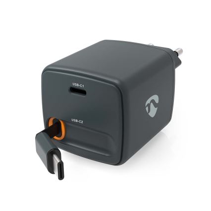 Punjač s uvlačivim kabelom Power Delivery 30 W, 2x USB-C, crni