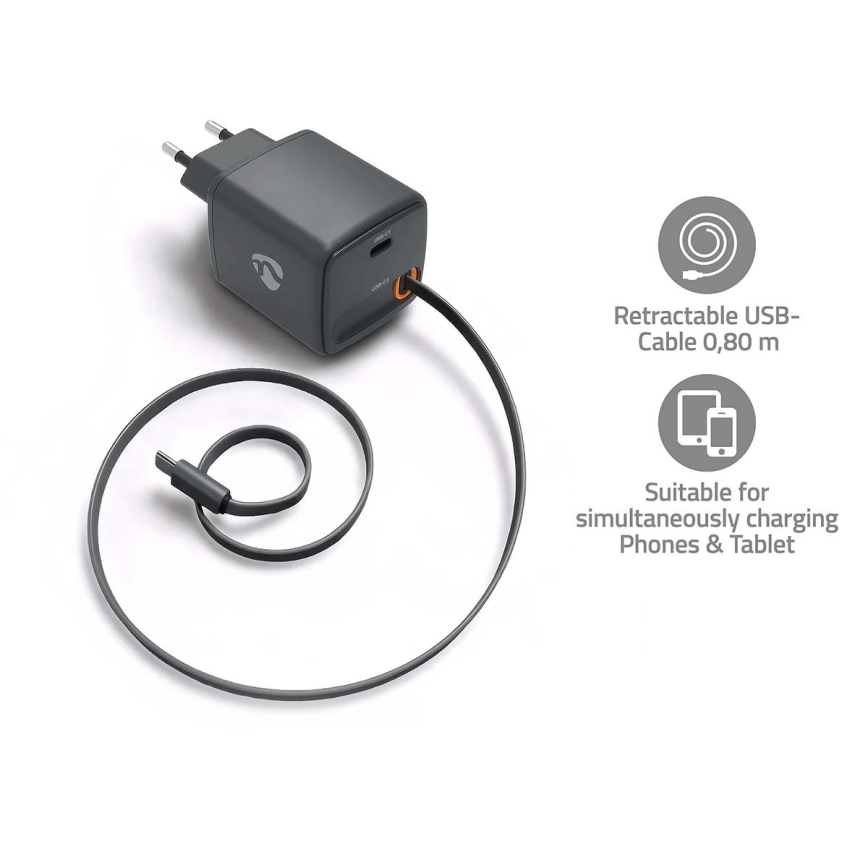 Punjač s uvlačivim kabelom Power Delivery 65W 2xUSB-C crni