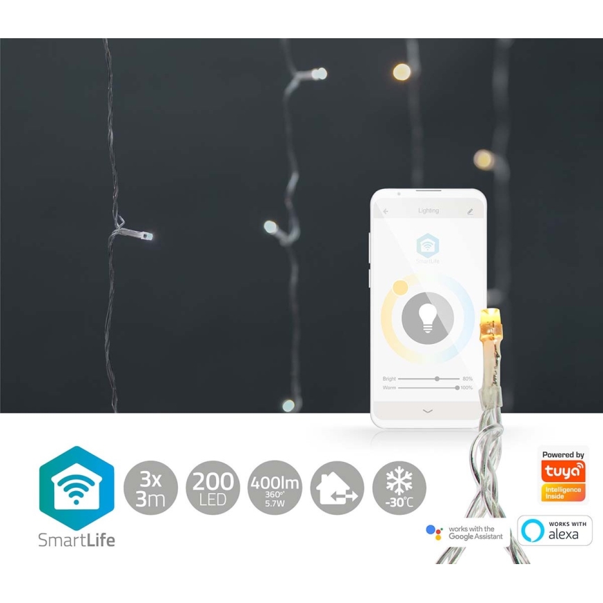 LED Božićna svjetlosna zavjesa 200xLED/11 funkcija 6m IP65 Wi-Fi Tuya topla do hladna bijela