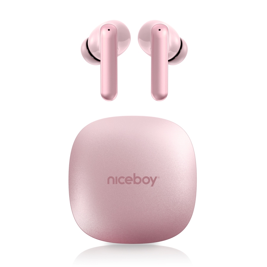 Niceboy Pins 4 PRO - bežične slušalice s aktivnim poništavanjem buke (ANC), 380 mAh + 2×35 mAh, IP54, ružičaste