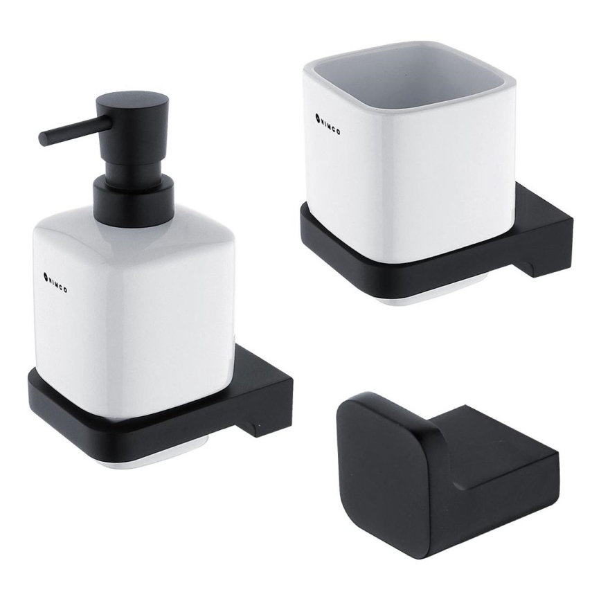 NIMCO MAC set-31K-T-90 - Zidni dozator za sapun, stalak za četkice za zube i zidna kuka MAYA 320 ml bijela/mat crna