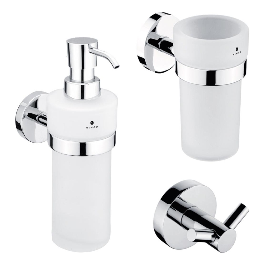 NIMCO UN set-31W-26 - Zidni dozator sapuna, držač četkica za zube i zidna kukica UNIX 250 ml mat staklo/sjajni krom