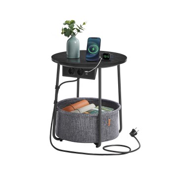 Noćni stolić NOIRA s ugrađenim utičnicama i USB priključcima, 45 cm, sivo-crni