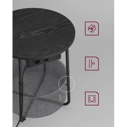 Noćni stolić NOIRA s ugrađenim utičnicama i USB priključcima, 45 cm, sivo-crni