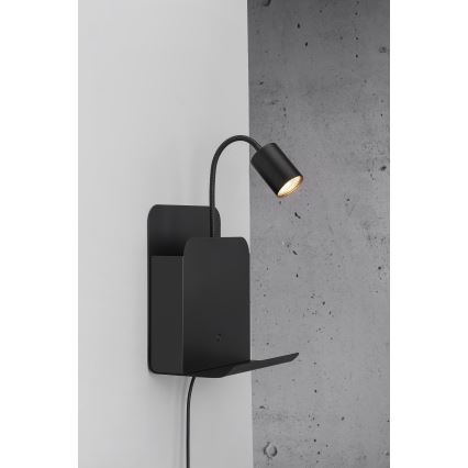 Nordlux - Zidna reflektorska svjetiljka s policom i USB ROOMI 1xGU10/8W/230V crna