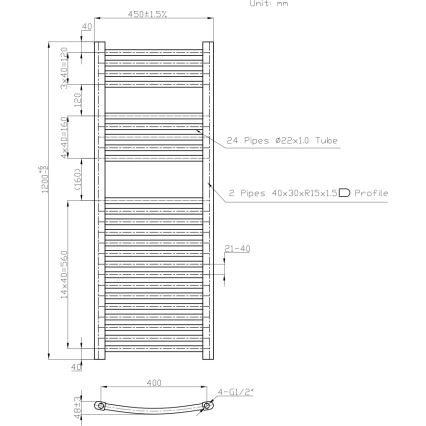 Novaservis - Bijeli zaobljeni kupaonski ljestvičasti radijator 490W/230V 120x45 cm