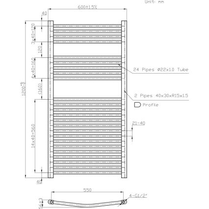 Novaservis - Kupaonski ljestvasti radijator 644W/230V 120x60 cm bijeli, sa zaobljenim rubovima