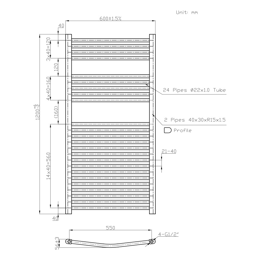 Novaservis - Kupaonski ljestvasti radijator 644W/230V 120x60 cm bijeli, sa zaobljenim rubovima