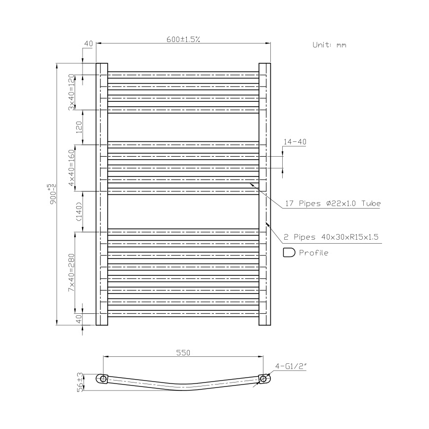 Novaservis - Kupaonski ljestvičasti radijator 478W/230V 90x60 cm, bijeli, zaobljen