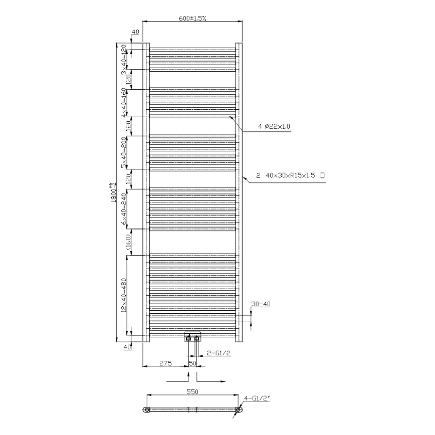 Novaservis - Kupaonski ljestvičasti radijator 630W/230V 180x60 cm sjajni krom ravan
