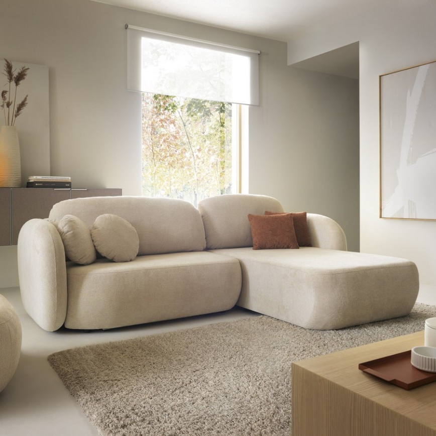 OLBIA kutna razvlačna sjedeća garnitura u obliku slova L s prostorom za pohranu, desna, bež