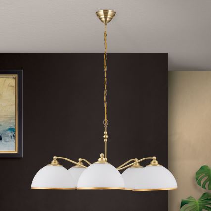 Luster na lancu OLD LAMP 5xE27/40W/230V pr. 75 cm bijela/mesing