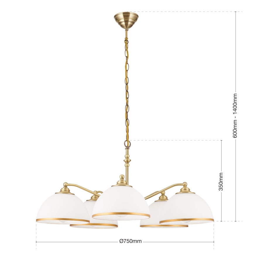 Luster na lancu OLD LAMP 5xE27/40W/230V pr. 75 cm bijela/mesing