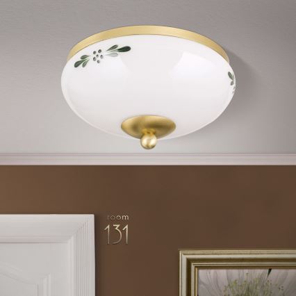 Stropna svjetiljka LANDHAUS 1xE27/60W/230V promjer 21 cm mesing/bijela/zelena