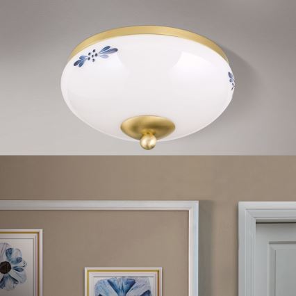 Stropna svjetiljka LANDHAUS 1xE27/60W/230V Ø 21 cm mesing/bijela/plava
