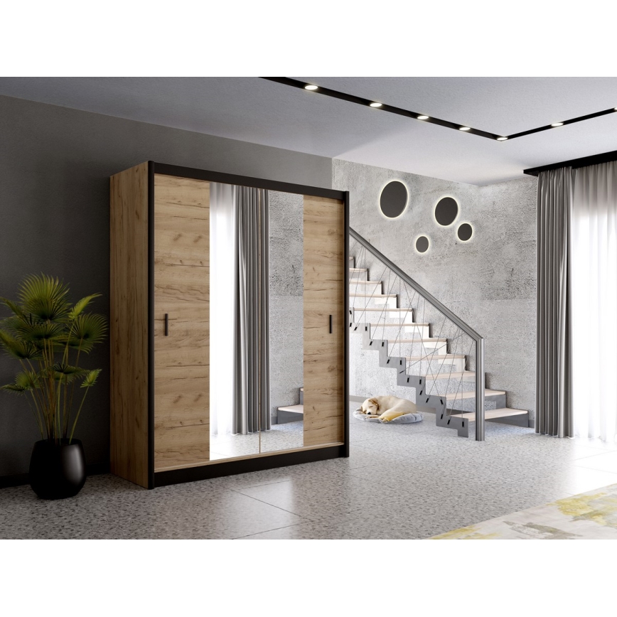Ormar s ogledalom MIRO 203x215 cm hrast craft/crna