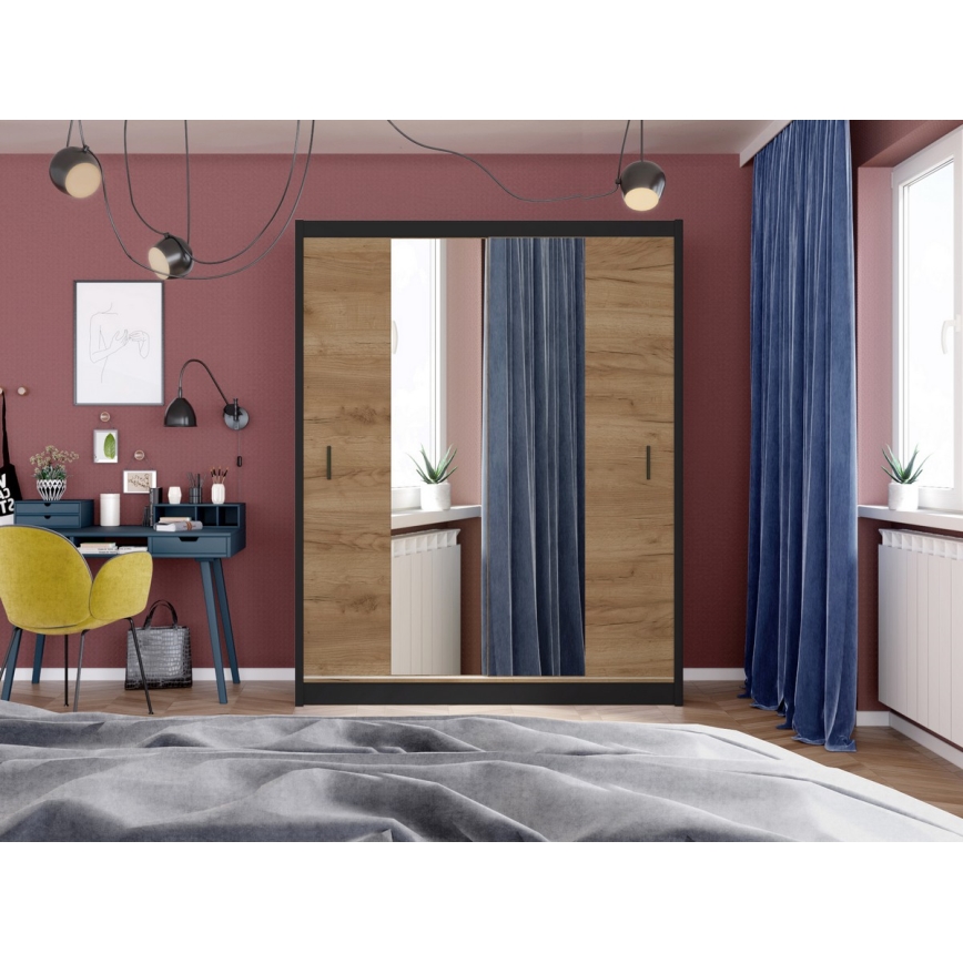 Ormar s ogledalom MIRO 203x215 cm hrast craft/crna