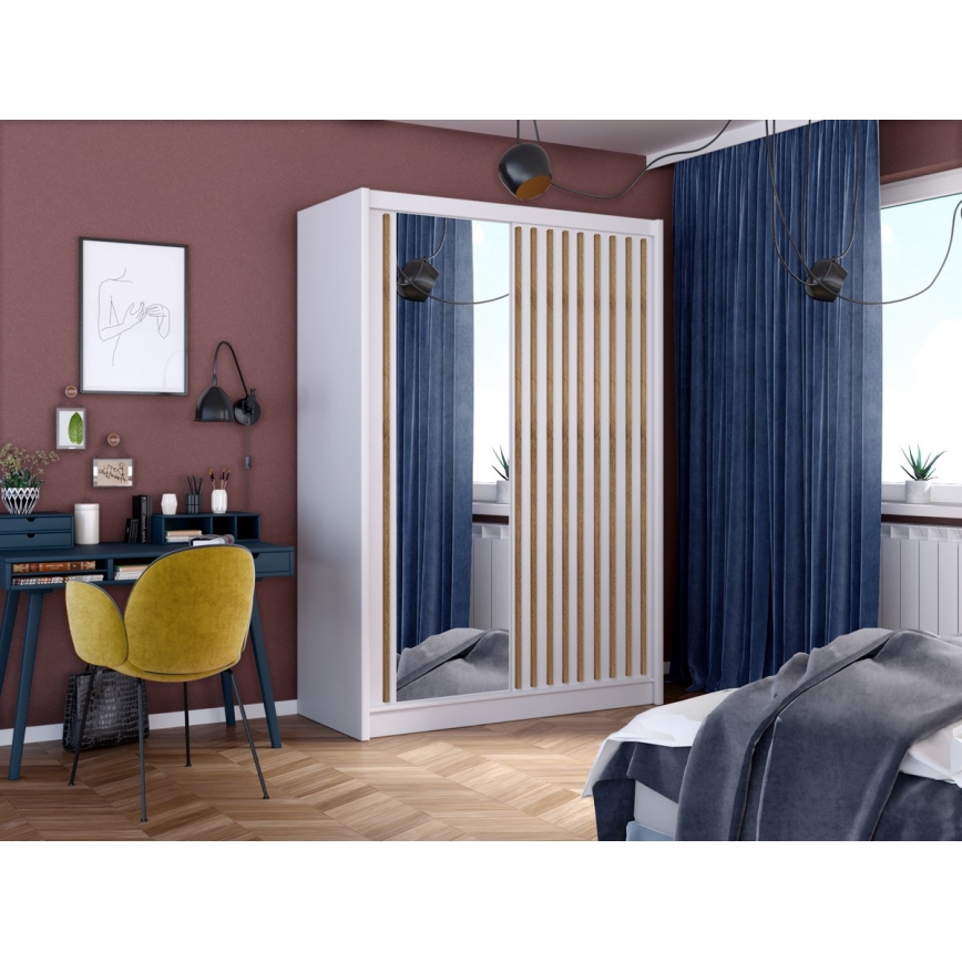 Ormar s ogledalom SANTINO 150x215 cm bijela/hrast craft