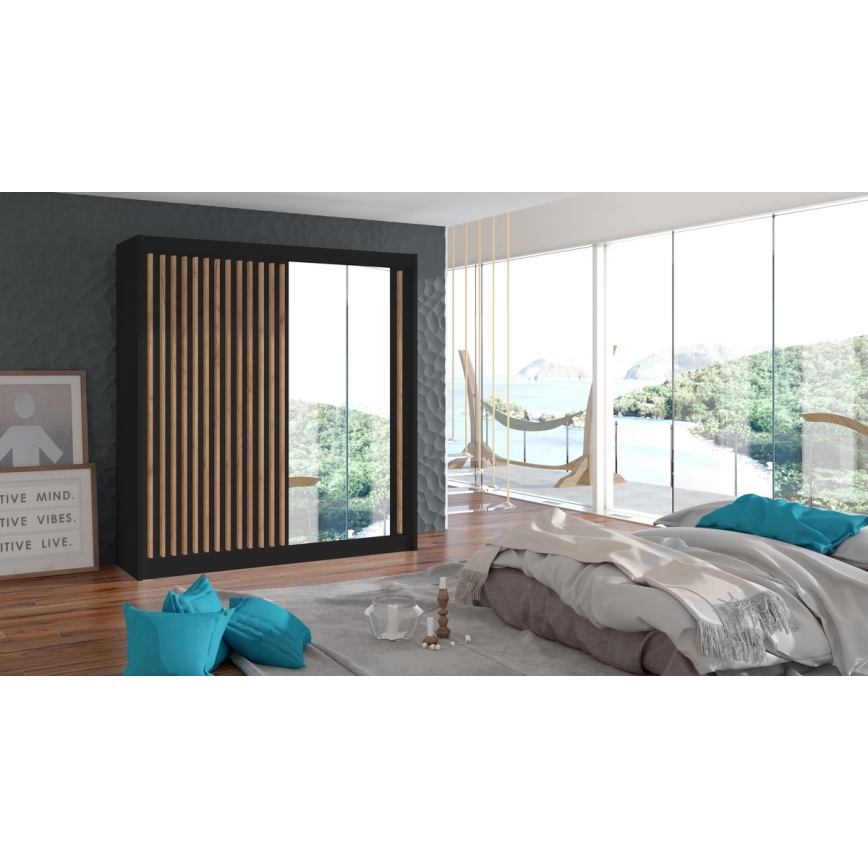 Ormar s ogledalom SANTINO 203x215 cm crna/hrast craft