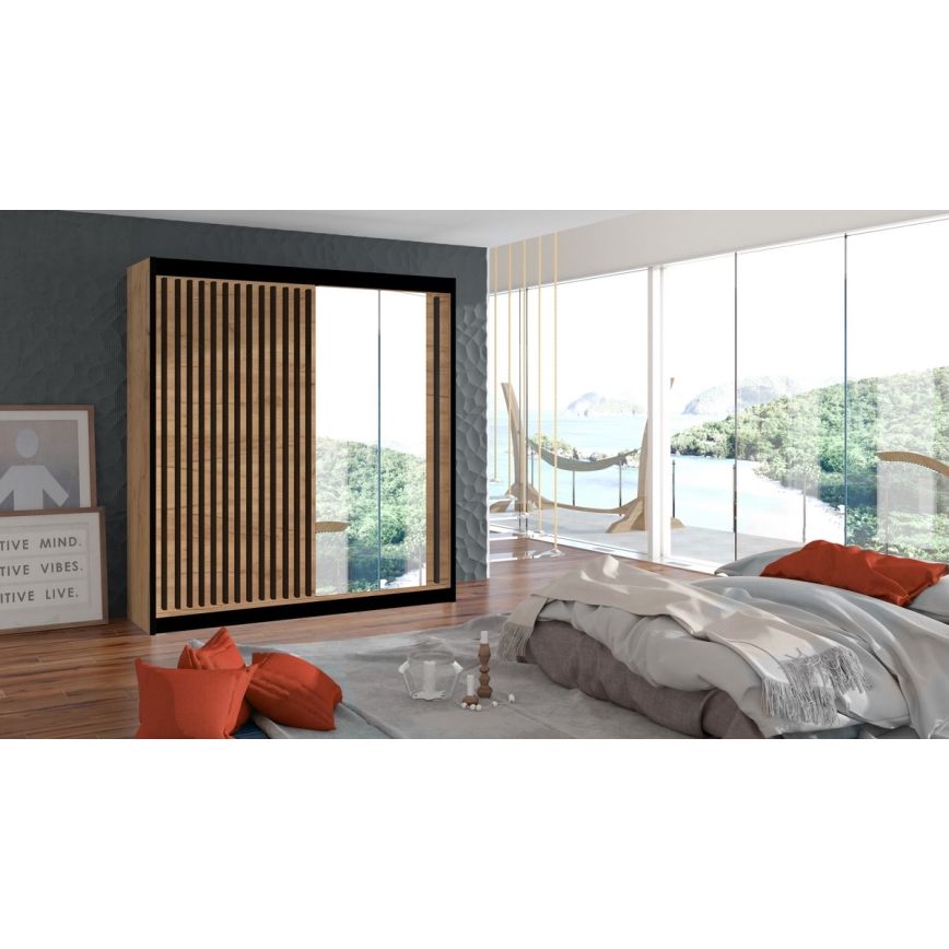 Ormar s ogledalom SANTINO 203x215 cm hrast craft/crna